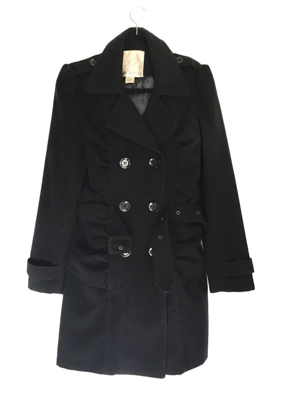 ARDEN B- WOMEN BLACK POCKETS BUTTON CLOSURE BELT TRENCH COAT JACKET SIZE MEDIUM
